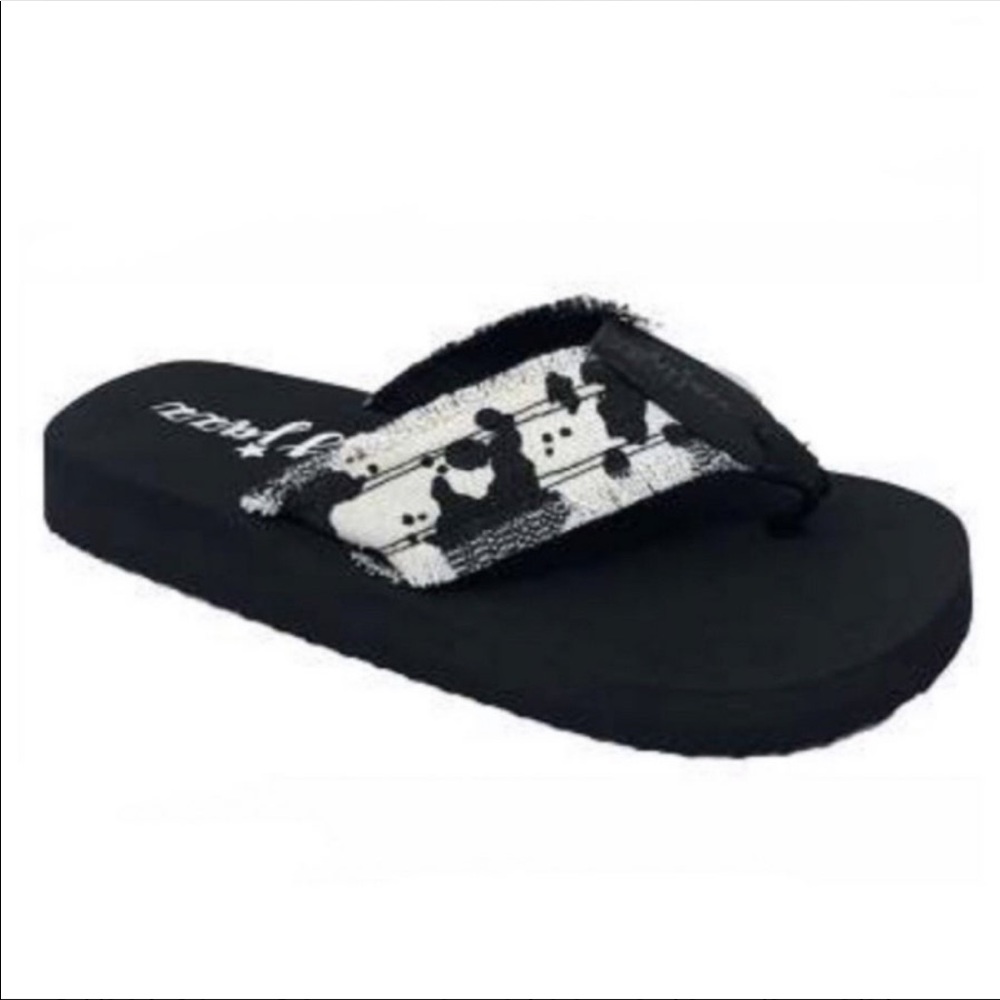 Gypsy Jazz Cow Print Frayed Flip Flops, Sandals